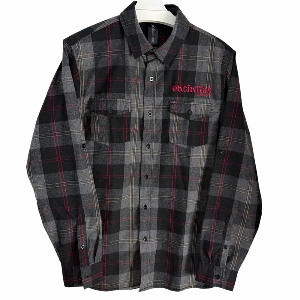BURNSIDE Grey Plaid Encinitas Surfboards Flannel Button Up Shirt size l